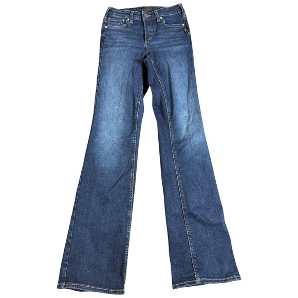 Silver Jeans Co Womans 25x33 Infinite Fit Mid-Rise Boot Cut Jean Blue Dark Flare - Picture 1 of 5